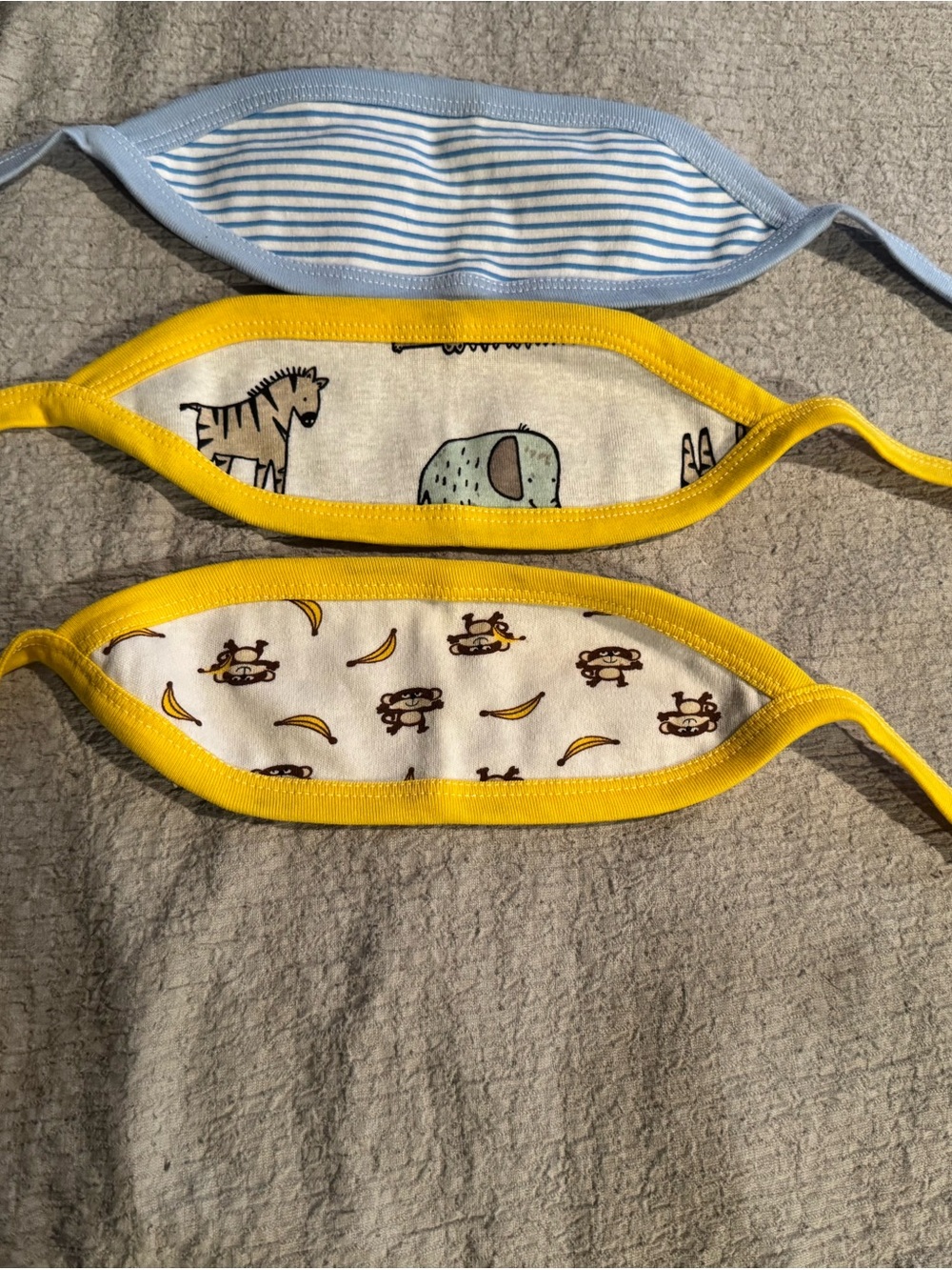 O/S Set of 3 Baby Belly Bands - Blue Stripe, Yellow Trim Animal & Monkey Prints